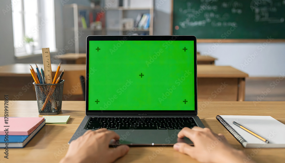 School Computer Greenscreen Laptop with green screen in a classroom setting. Stock Illustration ...