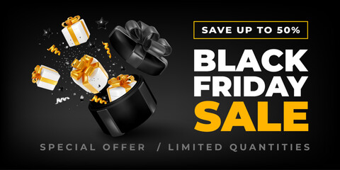 Wall Mural - Black Friday Sale banner template. 3d black luxury open gift box and surprises fly out from it, elegant black background. Bargain shopping concept, promotions, marketing design. Vector illustration