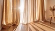 © Faustino - sunlight streams through sheer beige curtains onto a light wood floor