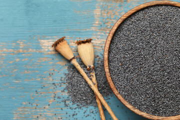 Wall Mural - Bowl with poppy seeds on blue wooden background, closeup