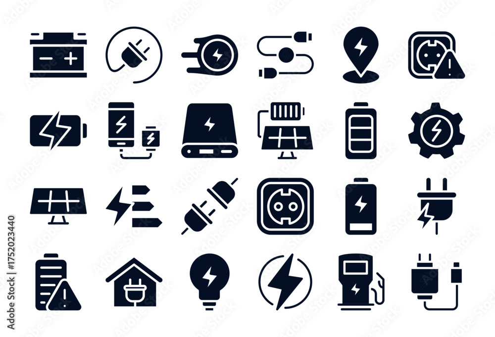 Charging and Electricity Web Icon Set. Power, Energy, Battery, Plug ...
