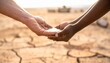 © Kifly - Two hands, one light-skinned and one dark-skinned, cupped together to hold precious drops of water in a parched, cracked earth landscape.