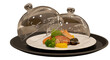 © Liv - Fine dining gourmet appetizer with shrimp and vegetables under a transparent glass cloche. Luxury seafood dish presentation on a tray. Concept for a fancy restaurant menu.