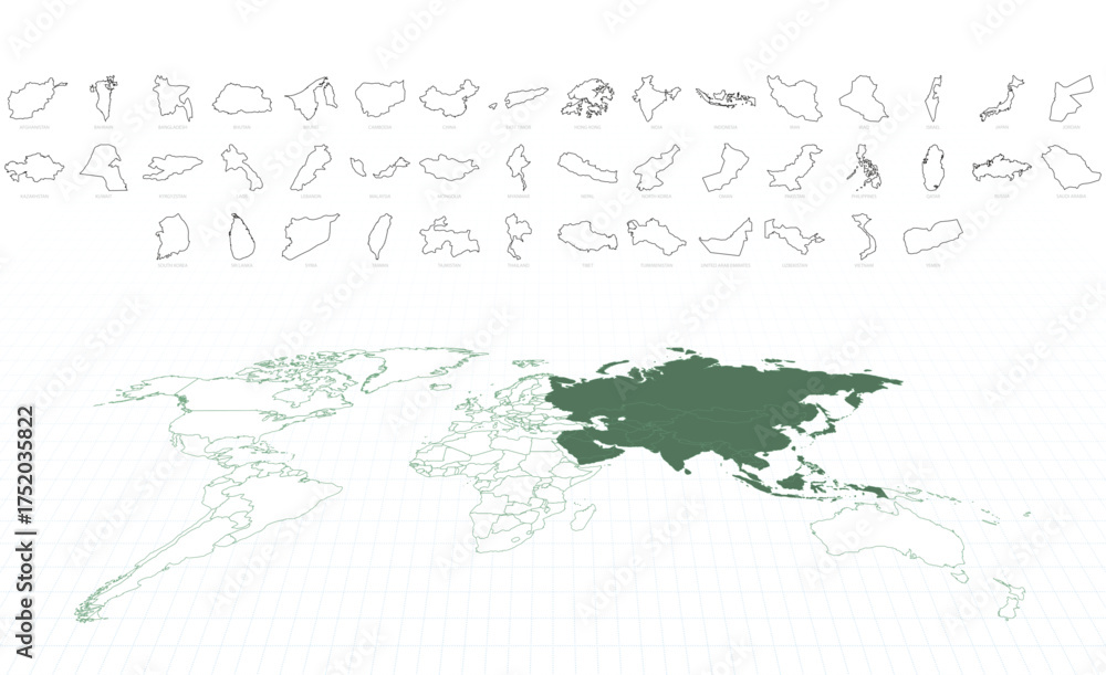 Outline Maps of Asian Countries with a Highlighted Asia World Map ...