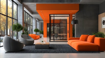 Wall Mural - Vibrant modern office lounge with orange sofas and grey armchairs in soft morning light. A glass-walled conference room is in the background.