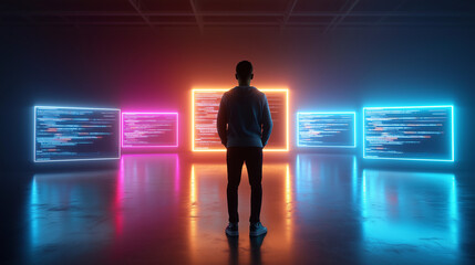 Cybersecurity expert demonstrating data protection setup, dark neon-lit room, coding screens, technology and awareness, online safety, IT innovation, privacy education, digital def