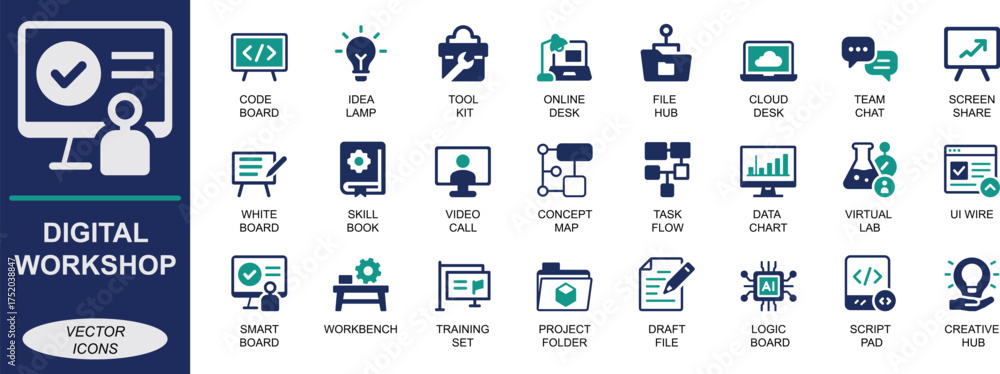Thing Works Software Icon Vector solid digital workshop icon set with code, design, team, project ...