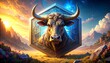 © Durdur - A majestic bull with large horns, centrally placed within a hexagonal, geometric frame, under a brilliant sky. Dramatic clouds and landscapes surround it
