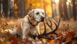 © Dug - A golden-yellow canine sits amidst fall foliage, illuminated by sunlight. It is resting near an antler in an outdoor forest setting