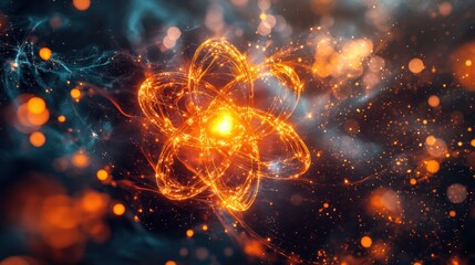 Wall Mural - Glowing atom model with energy trails and sparkling particles in space