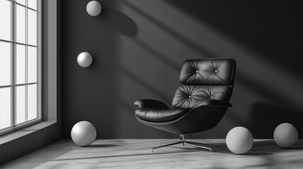 Interior with a tufted leather chair and floating spheres