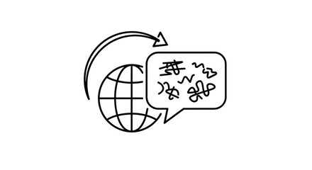 Global communication concept, international language translation icon with globe, speech bubble, and arrows, vector outline digital connection, global network and multilingual dialogue symbol