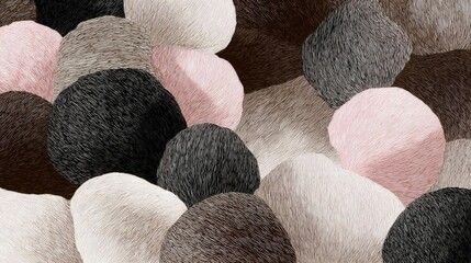 Abstract pattern of small, irregularly shaped objects in various shades of pink, black, and white. the objects are arranged in a random, overlapping manner, creating a sense of depth and dimension.