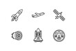 © Sebastian - Space exploration icons set. Rocket launch, airplane, satellite, jet engine, space shuttle, spacecraft control panel. Aviation, aerospace technology, flight travel symbols.
