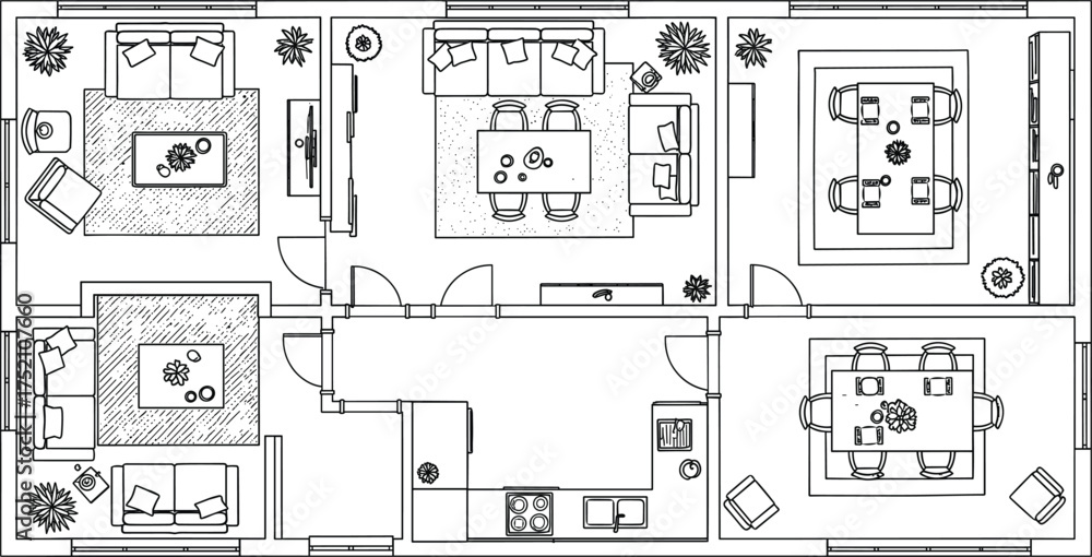 Residential floor plan vector, full home layout illustration, interior ...