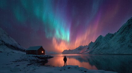 Wall Mural - A Nordic hut by the lake under the Northern Lights, with a person looking up at the aurora, with white snow in the picture and vivid and colorful aurora in the background
