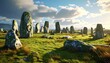 © Duwet - A landscape depicting a circle of ancient standing stones on a grassy plain under a partly cloudy blue sky. The scene is illuminated by warm sunlight