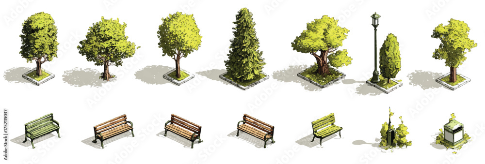 Isometric park elements including trees benches lamp post and trash bin ...