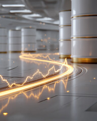 Wall Mural - Illuminating Path: A futuristic scene with metallic columns and a glowing, golden path winding through, illustrating a journey of progress and innovation. 