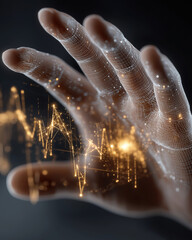 Wall Mural - Digital Hand Touching Technology: A luminous digital representation of a hand interacts with a network of interconnected data points, symbolizing the essence of digital interaction.