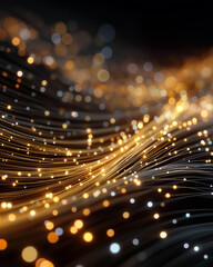 Wall Mural - Golden Digital Flow: A captivating artistic portrayal of digital flow, featuring luminous golden light particles weaving gracefully against a dark backdrop.