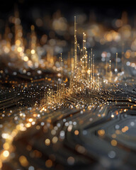Wall Mural - Digital Network of Golden Lights: A mesmerizing display of interconnected golden lights simulates a dynamic, intricate digital network. The image reflects an abstract, modern.