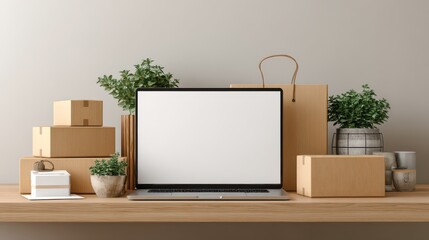 online ecommerce store mockup dropshipping business website concept table with laptop computer mock up blank white screen and shipping boxes retail marketplace warehouse delivery background no logos 