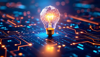A glowing, multifaceted light bulb symbolizing innovation and ideas, set against a backdrop of intricate blue and orange circuit board patterns.