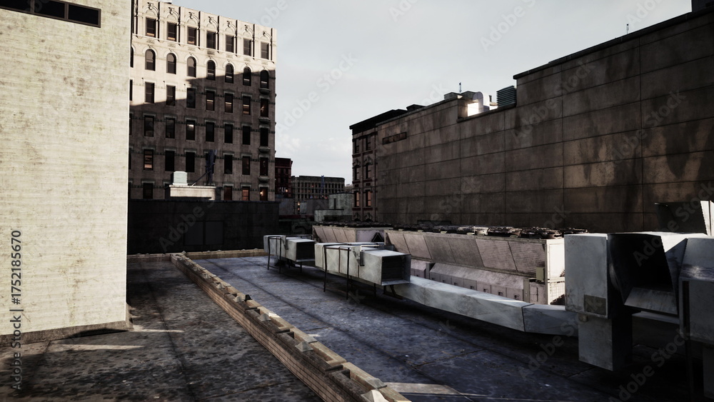 Rooftop view captures an urban landscape with aging buildings and ...