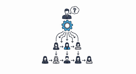 Hierarchy illustration showing company structure for business, with people, cogs, and arrows on clean background. This hierarchy illustration visualizes company organizational chart for success,