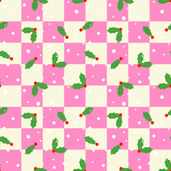 Wall Mural - Colorful Christmas seamless pattern.Checkered plaid with holly leaves, red berries and snow repeat pattern in green pink white.Cute Xmas background with squares.Vector graphic wallpaper.
