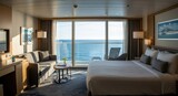 Bright cabin on cruise ship with ocean view from balcony