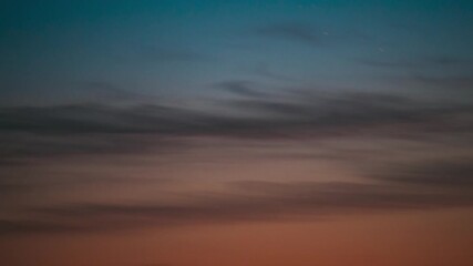 Wall Mural - Real Colorful Evening Sunset Sky Stars. Star Trails On Evening Sky. Natural Starry Sky Background Backdrop. Time Lapse Star Sky. Orange Blue Dark Night Timelapse