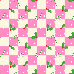 Wall Mural - Colorful Christmas seamless pattern.Checkered plaid with candy canes, holly leaves, red berries and snow repeat pattern in green pink white.Cute Xmas background with squares.Vector graphic wallpaper.