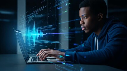 Young black male programmer in a hoodie working on a laptop, with vibrant sound wave visualization and coding interface, illustrating modern technology and digital creativity