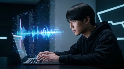 Young asian male programmer in a hoodie working on a laptop, with vibrant sound wave visualization and coding interface, illustrating modern technology and digital creativity