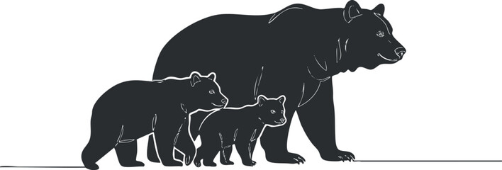 Illustration of a mother bear with two cubs, showcasing wildlife and nature themes.