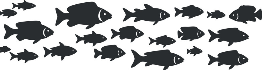 Wall Mural - A collection of black fish silhouettes swimming in a stylized pattern on a white background.