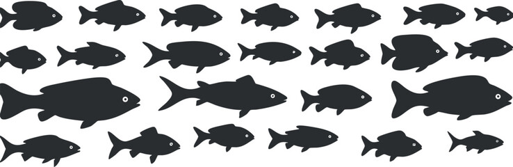 Wall Mural - A seamless pattern featuring black fish silhouettes on a white background, perfect for aquatic themes.