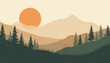 © Svetlanakras - Minimal mountain landscape illustration with forest and sun, modern abstract nature scene in warm retro color palette, mid century style