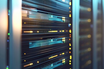 Wall Mural - Close-up of illuminated IT server panels with glowing blue and yellow lights in a modern data center, ideal for AI, cloud technology, and cybersecurity visuals