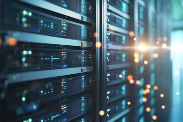 Wall Mural - Futuristic IT data servers with glowing lights and digital reflections in a modern data center, ideal for AI, cloud computing, and cybersecurity visuals