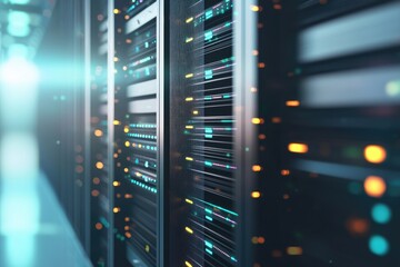 Wall Mural - Modern IT data servers with glowing blue and orange lights in a futuristic corridor, ideal for AI, cloud computing, and digital infrastructure visuals