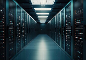 Wall Mural - Futuristic IT data center corridor with glowing server racks and illuminated ceiling lights, ideal for cloud technology presentations, cybersecurity visuals, and digital infrastructure designs