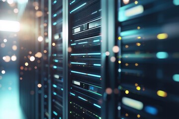 Wall Mural - Modern IT server racks with glowing blue lights and digital reflections in a data center corridor, ideal for cloud technology, AI computing, and cybersecurity designs