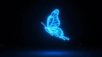 Wall Mural - Glowing Neon Blue Butterfly in Flight - A vibrant neon blue butterfly is depicted against a dark background. The video features a glowing effect, creating a striking visual.