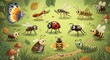 © arya - Cartoon insects, including a butterfly, ant, ladybug, and bee, are depicted in a playful illustration with a soft green color palette against a whimsical outdoor