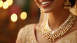 © photo for everything - Elegant bride adorned with exquisite pearl and gem jewelry, radiating joy on her special day. Festive bokeh lights add a warm ambiance.