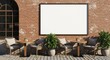 © Kiki - Outdoor cafe scene with tables, chairs, plants, and a blank white sign on a brick wall.
