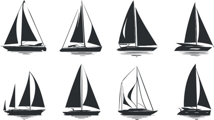 Wall Mural - Collection of black and white sailboat silhouettes, showcasing various designs in a minimalist style.